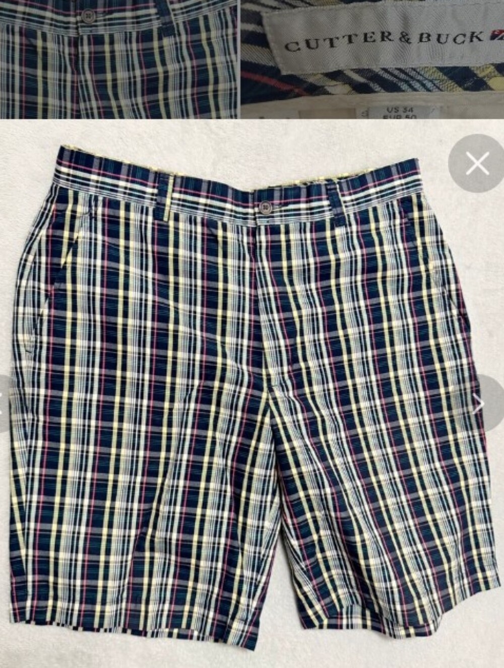 Mens Cutter & Buck Sz 34 Navy Multicolor Plaid Flat-Front Golf Shorts
